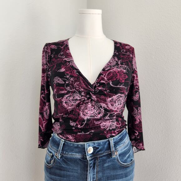 Vintage Y2K Simply Irresistible Black Pink Floral Fairy Grunge Style Top L - Picture 8 of 8